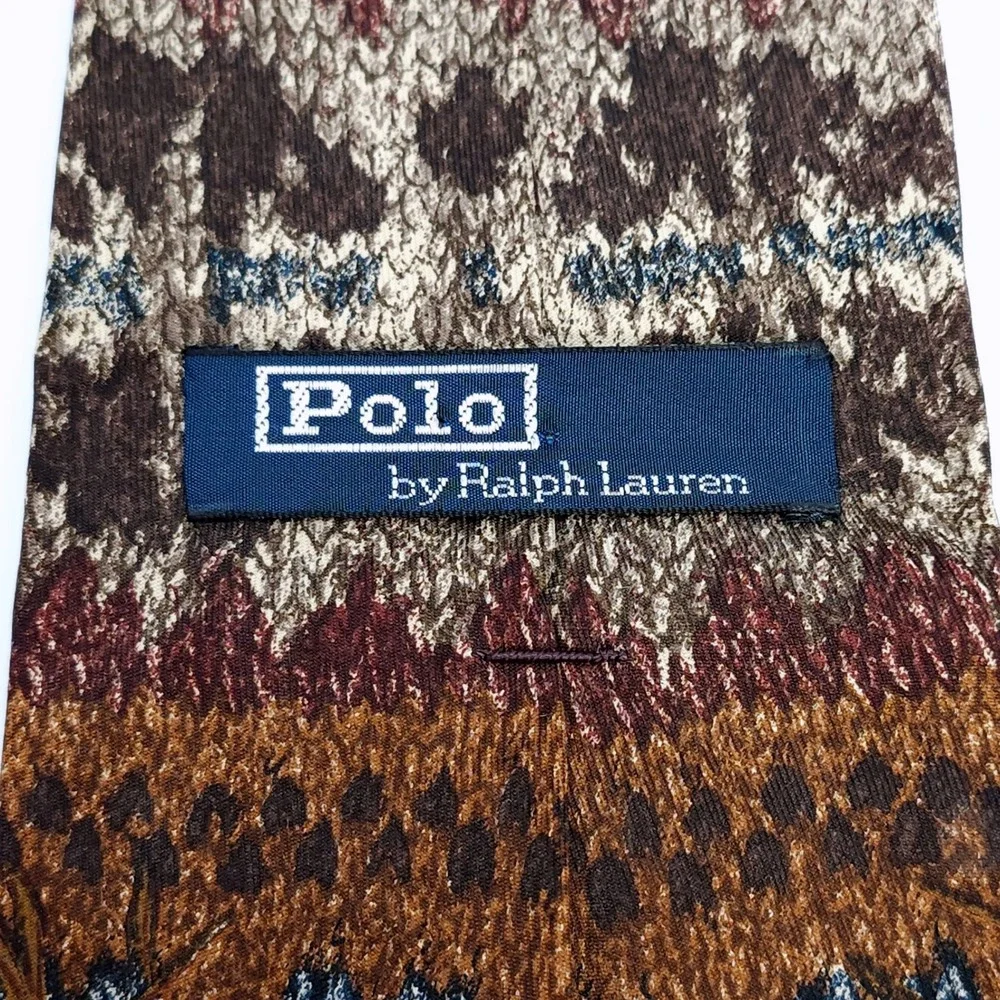 Vintage 90s Polo Ralph Lauren  Pheasant Bird Silk Neck Tie Brown Hand Made USA